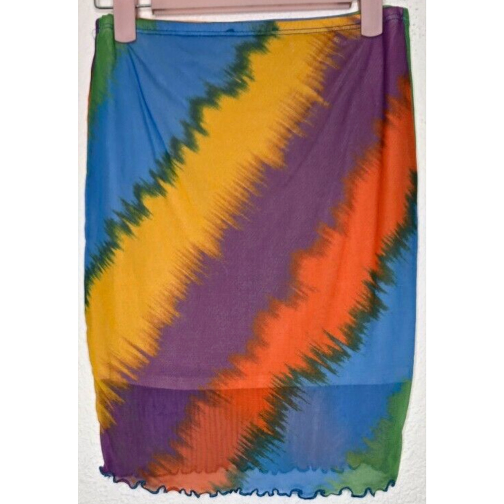 Y2K Mesh Mini‎ Skirt Medium Multicolor Tie Dye Ruffle Lettuce Hem Sheer Bodycon